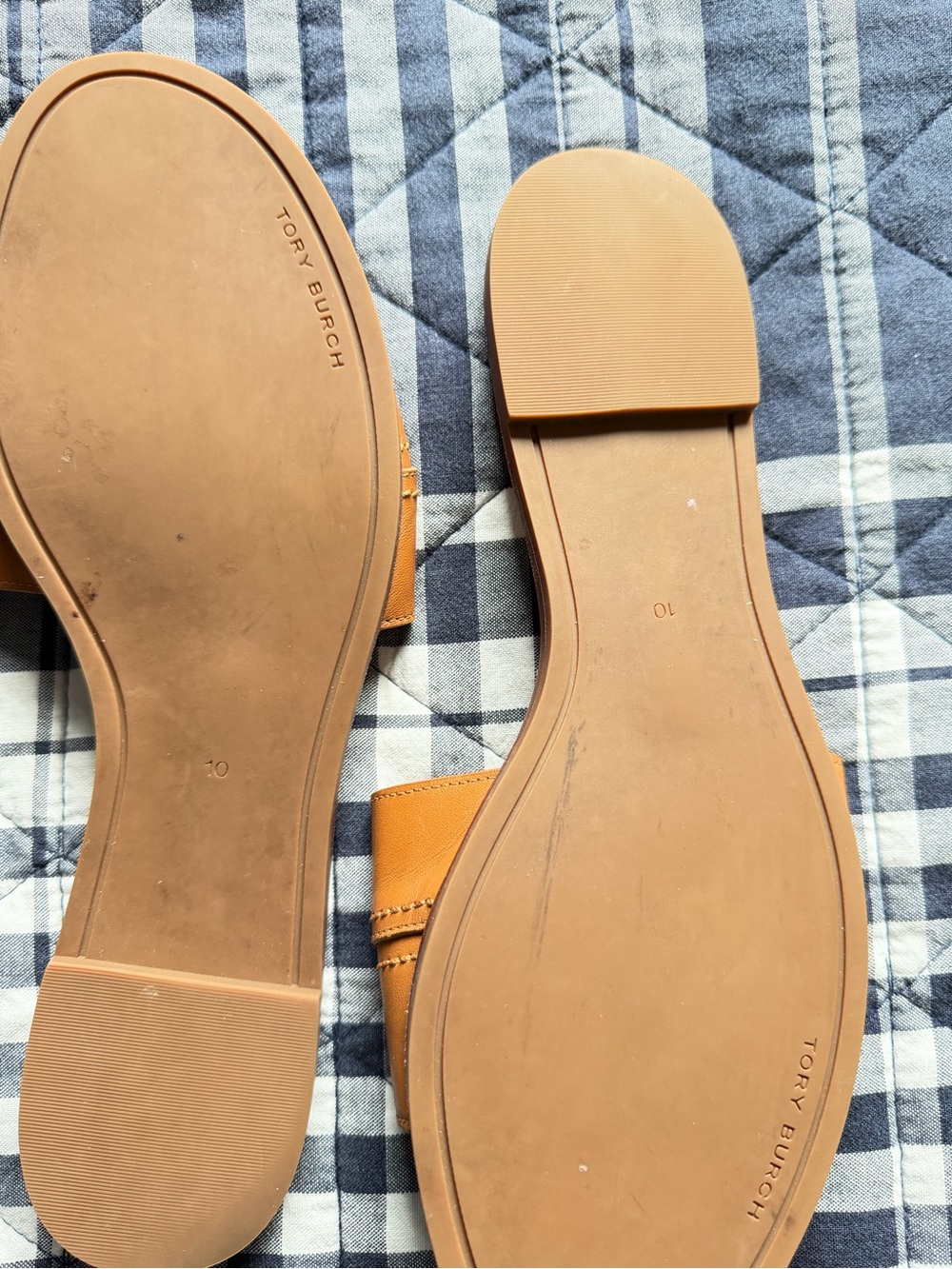Tory Burch Cognac Leather Slide Sandals with Gold Logo Emblem - Picture 4 of 4